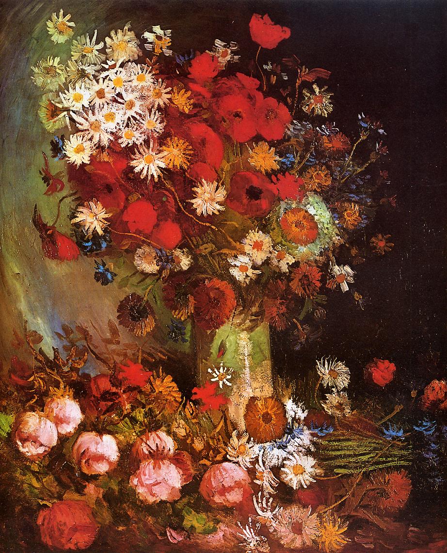 Vase with Poppies Cornflowers Peonies and Chrysanthemums