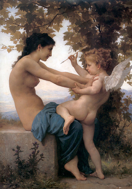 Young Girl Defending herself against Cupid
